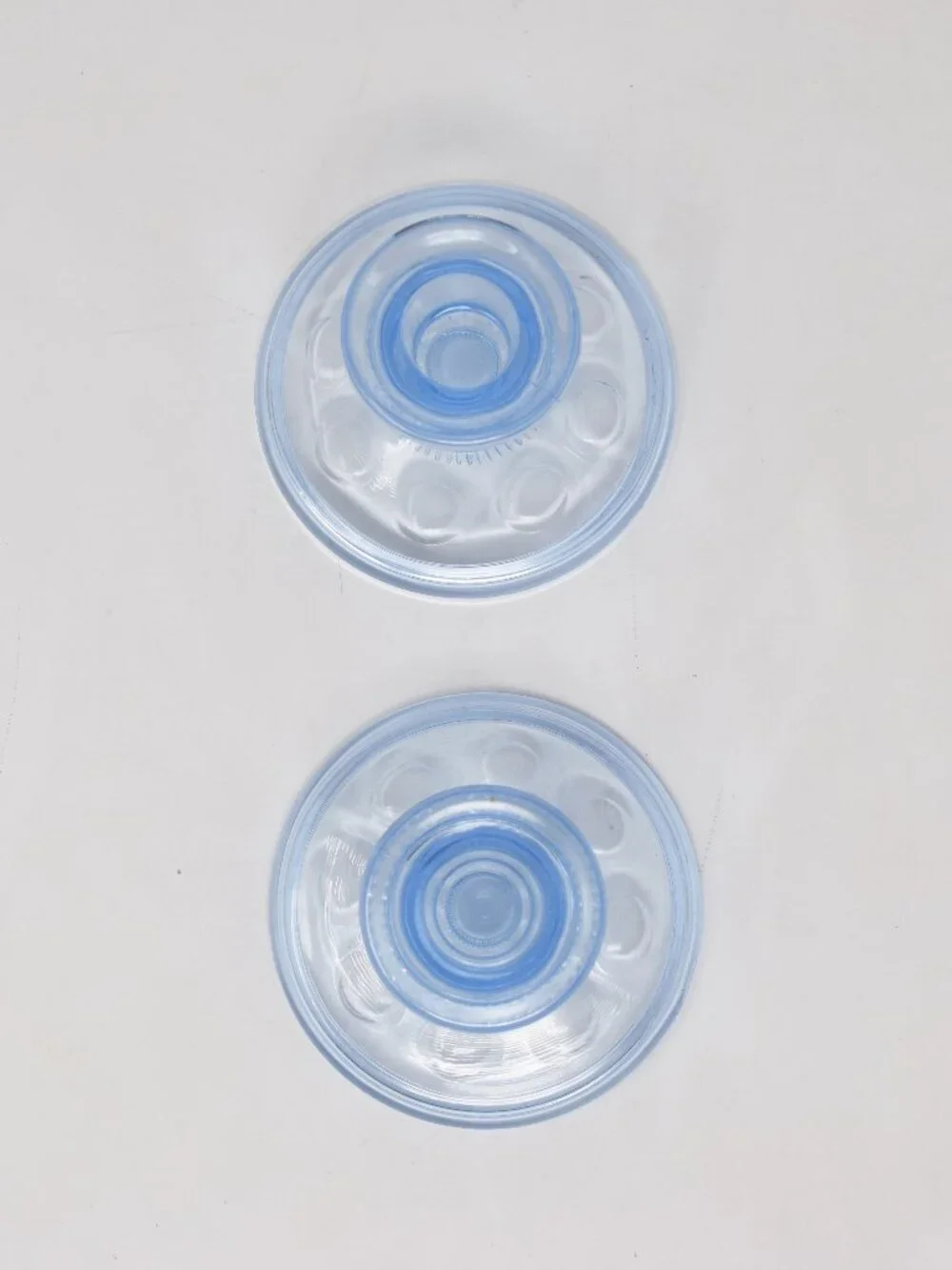2 Imperial Ice Blue Old English Candlestick Holders Glass Thumbprint Olive Dots